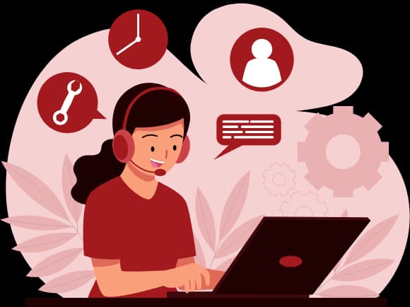 Illustration of a support representative at a laptop, answering questions